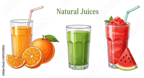 Colorful natural fruit juices illustration on white background, offering refreshment