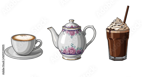 Coffee, teapot, and iced chocolate drink on a white background