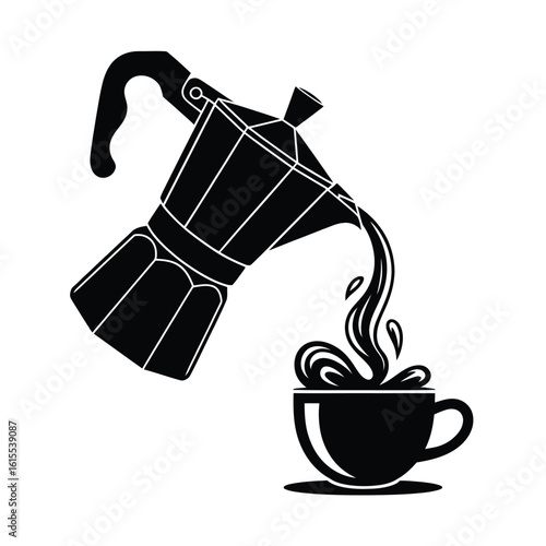 Moka pot pouring coffee into a cup