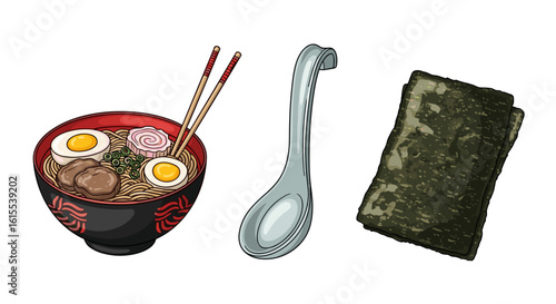 Ramen bowl with chopsticks, spoon, and nori on white background