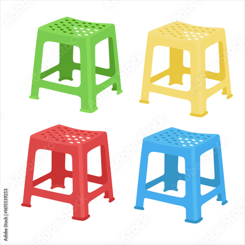 Plastic chair vector set. Chair clipart in different colors. Flat vector in cartoon style isolated on white background. Home furniture, household item.
