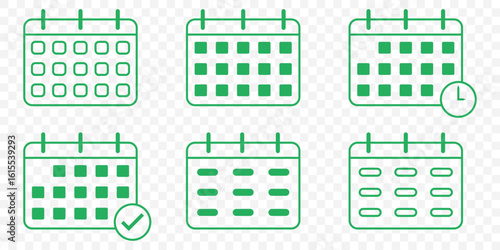 Month and Date Calendar Icons with Task Indicators – EPS File in Green color. Stylized Calendar UI Icons – Vector Pack for Planner and Reminder Apps on Transparent Background EPS 10.