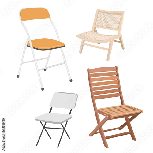 Folding chair vector set with different style. Outdoor or interior furniture. Cartoon chair in flat design isolated on white background.
