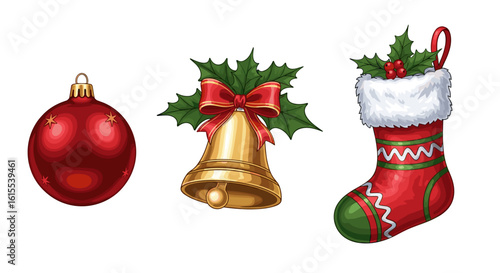 Festive Christmas decorations: Ornament, bell, and stocking against a white backdrop