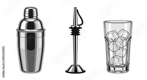 Cocktail shaker, liquor pourer, and glass with ice cubes illustration
