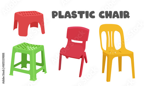 Plastic chair vector set. Plastic product, home furniture, classroom furniture. Plastic chair clipart in flat cartoon style isolated on white background.