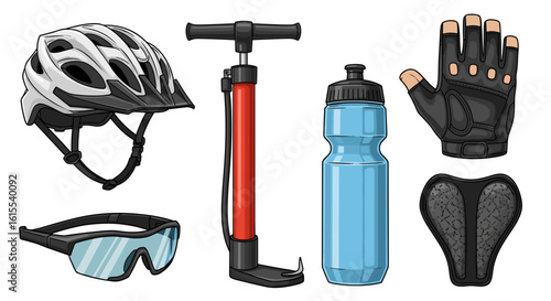 Bicycling equipment flat lay: helmet, gloves, bottle, and accessories