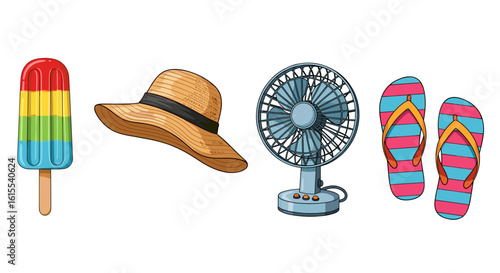 Summer essentials: a popsicle, hat, fan, and flip-flops ensemble.