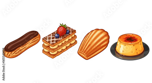 Assorted delicious pastries and desserts arranged in a row illustration