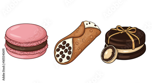 Delectable assortment of macarons, cannoli, and chocolate sandwich cookies illustration