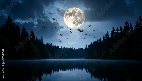 Bats Fly Across a Full Moon Over a Misty Lake at Night