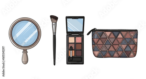 Feminine makeup essentials arranged neatly against a white background.