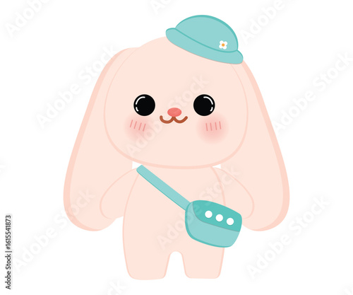 Cute rabbit  wears a tiny crossbody sling bag and a small round hat tilted to one side