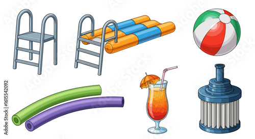 Summer fun icons: swimming pool accessories for vacation illustration