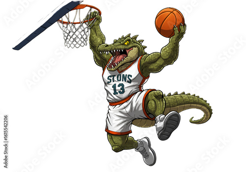 Cartoon Alligator Basketball Player Performing A Slam Dunk Illustration