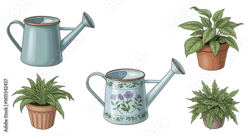 Delightful collection of watering cans and potted green plants illustration