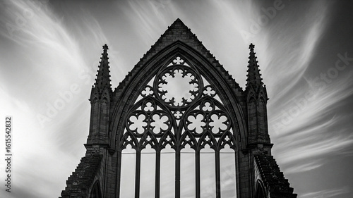 Gothic church ruin detail, dramatic monochrome, ethereal cloudscape, architectural elegance, weathered stone.