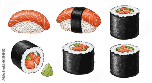 Assorted sushi rolls and nigiri with salmon for culinary presentation.
