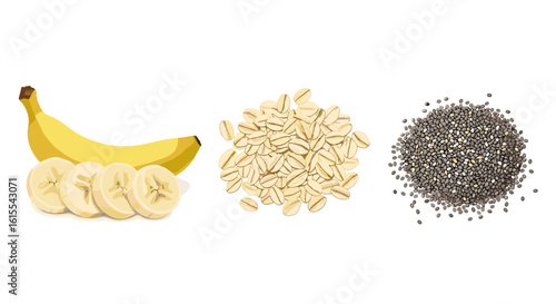 Banana slices, oats, and chia seeds: A healthy food ingredients arrangement
