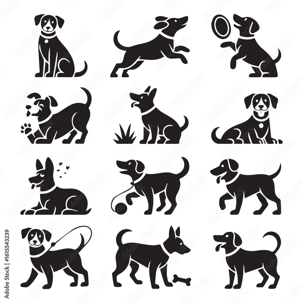 Fototapeta premium Vector art of a collection of black silhouette icons showcasing various breeds and activities of dogs and puppies