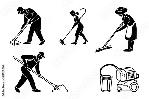 Diverse People Cleaning with Mops Brooms and Vacuum.