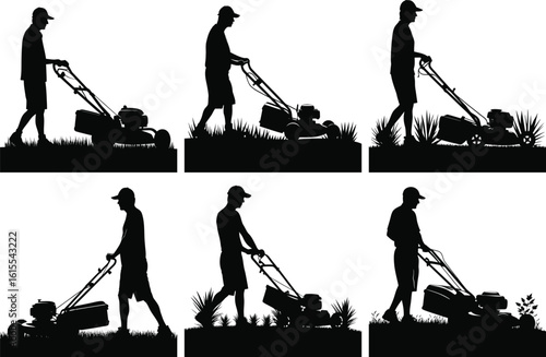 Silhouettes of a person mowing a lawn in various poses