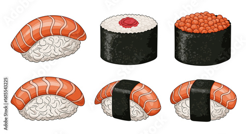 An artistic arrangement of sushi, vibrant and fresh looking meal