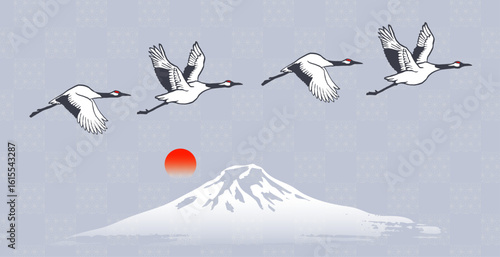 富士山と鶴の群れ