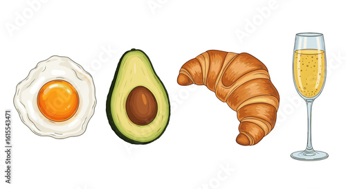 Delicious breakfast brunch: Fried egg, avocado, croissant, and bubbly champagne