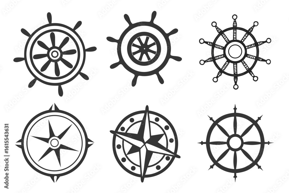 Obraz premium Nautical Helm and Compass Collection Vector Icons.