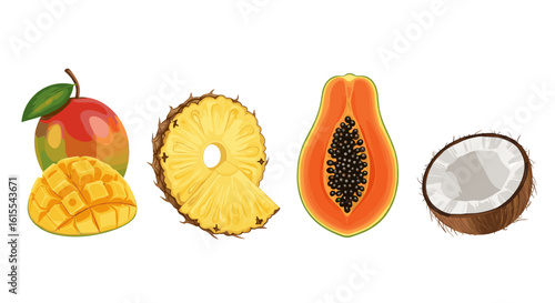 Tropical fruit medley: mango, pineapple, papaya, and coconut halves
