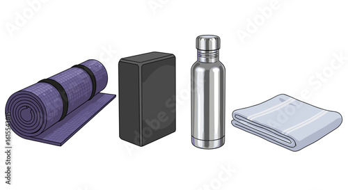 Yoga essentials flat lay with mat, block, bottle, and towel