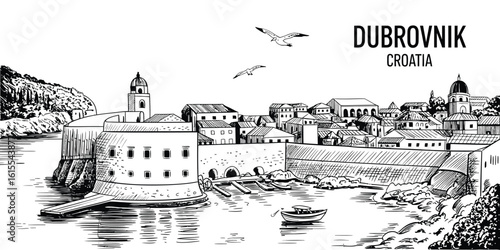 Hand Drawn Engraving of Dubrovnik Croatia Featuring Historic Tower, Buildings, and Boat in Harbor, Black and White Vintage Style Illustration for Travel, Architecture, and History Projects

