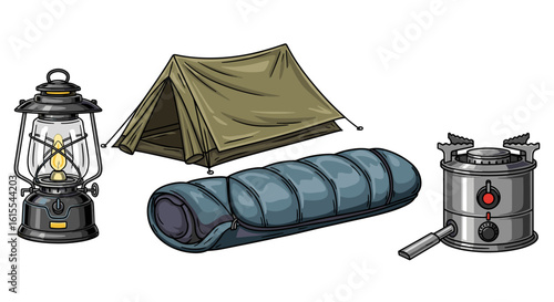 Camping equipment arrangement showcasing a tent, lamp, sleeping bag, and stove