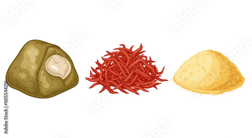 Artistic Vector Still Life of Condiments: Miso, Pepper, and Sugar