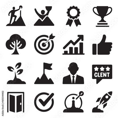 Vector art of a collection of business and success icons representing achievement, growth, and strategy