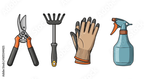 Garden tools illustration featuring pruning shears, rake, gloves, and sprayer