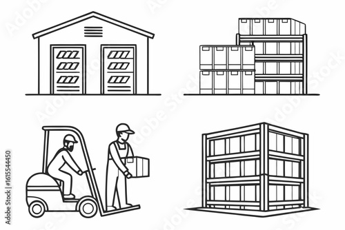 Warehouse Forklift and Storage Building Icons.