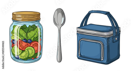 Healthy salad jar with spoon beside a blue lunchbox