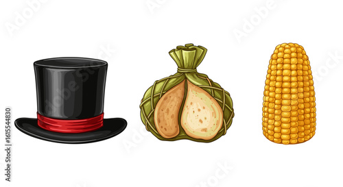 Festive Thanksgiving trio: Black hat, pear dessert, and corn vector