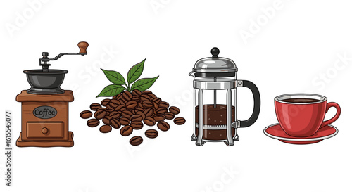 Coffee preparation still life features grinder, beans, press, and mug