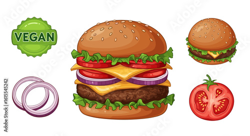 Delicious Vegan Burger Cartoon Illustration with Fresh Ingredients Displayed Nicely