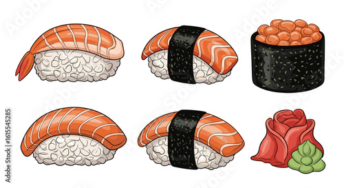 Delightful sushi selection featuring salmon, roe, and ginger illustration.