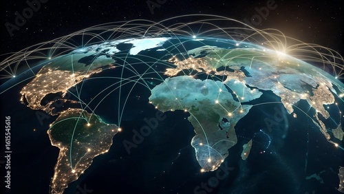 The image displays a digital representation of the Earth with interconnected networks illuminated as golden lines, symbolizing global connectivity and