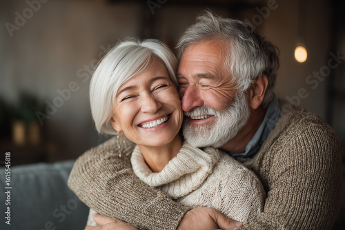 Happy senior couple embracing and smiling warmly at home. The image reflects love, trust, and emotional connection in later life.