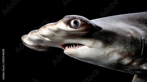 Closeup Portrait of a Hammerhead Shark Against a Black Background