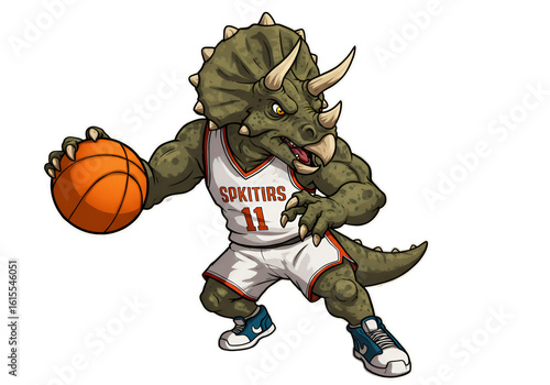 Cartoon Triceratops Dinosaur Playing Basketball Illustration Isolated