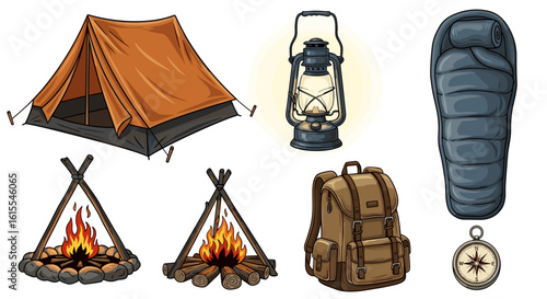 Camping equipment arranged neatly with tent, lantern, sleeping bag and campfire