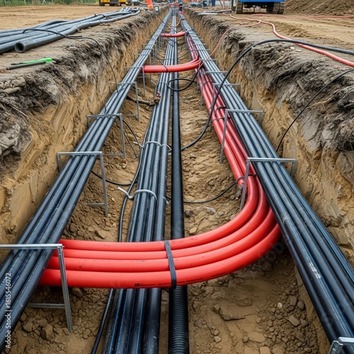 Neatly arranged underground conduits in parallel rows supported by metal frames inside a deep construction trench showcasing infrastructure installation in progress