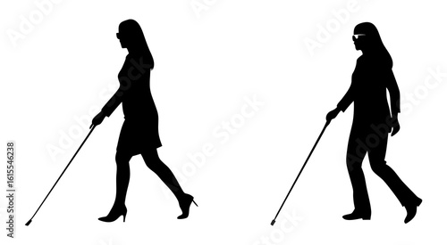 Two blind women's walking full black silhouette vector illustration design